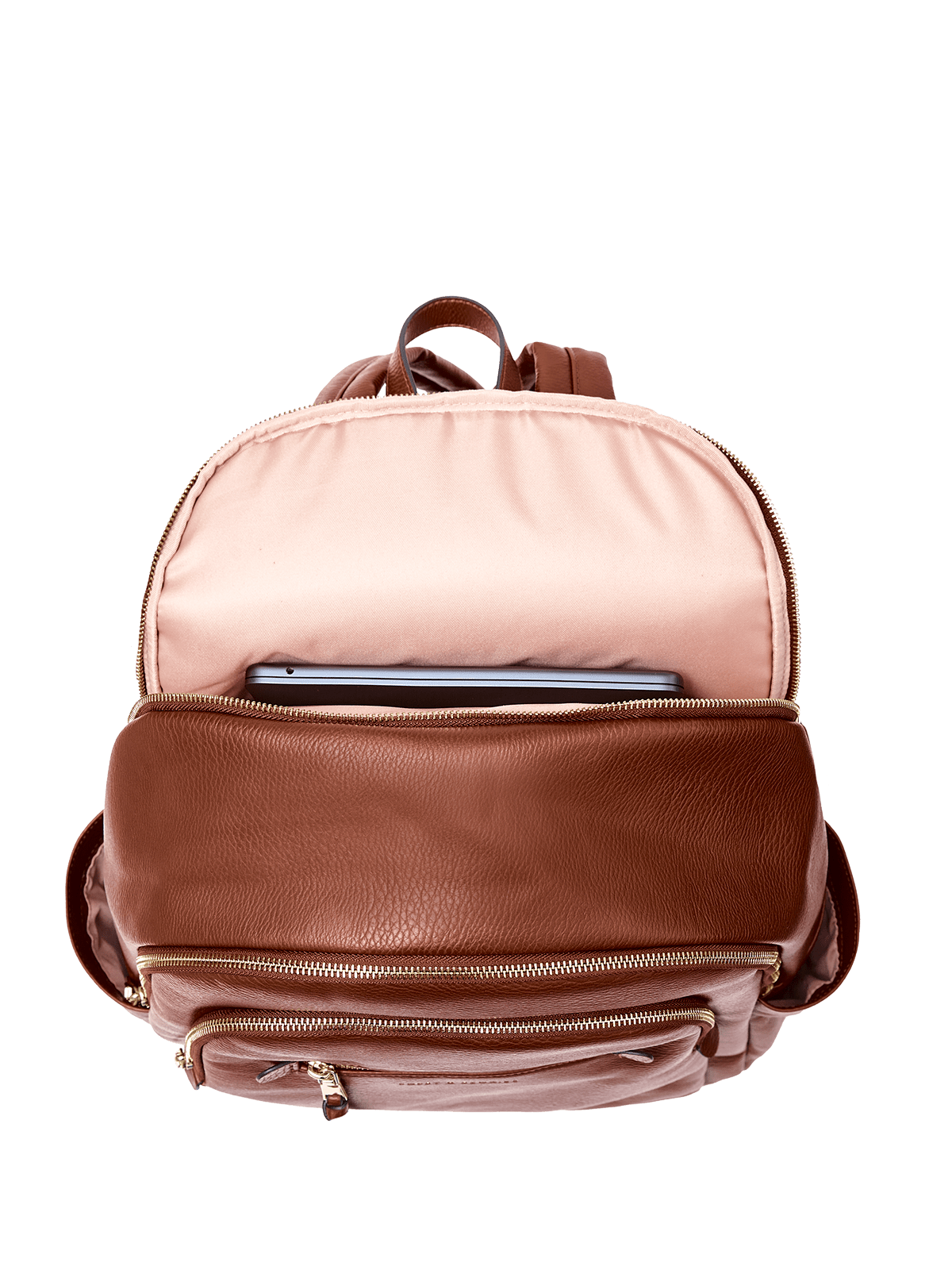 open laptop pocket on a brown vegan leather backpack