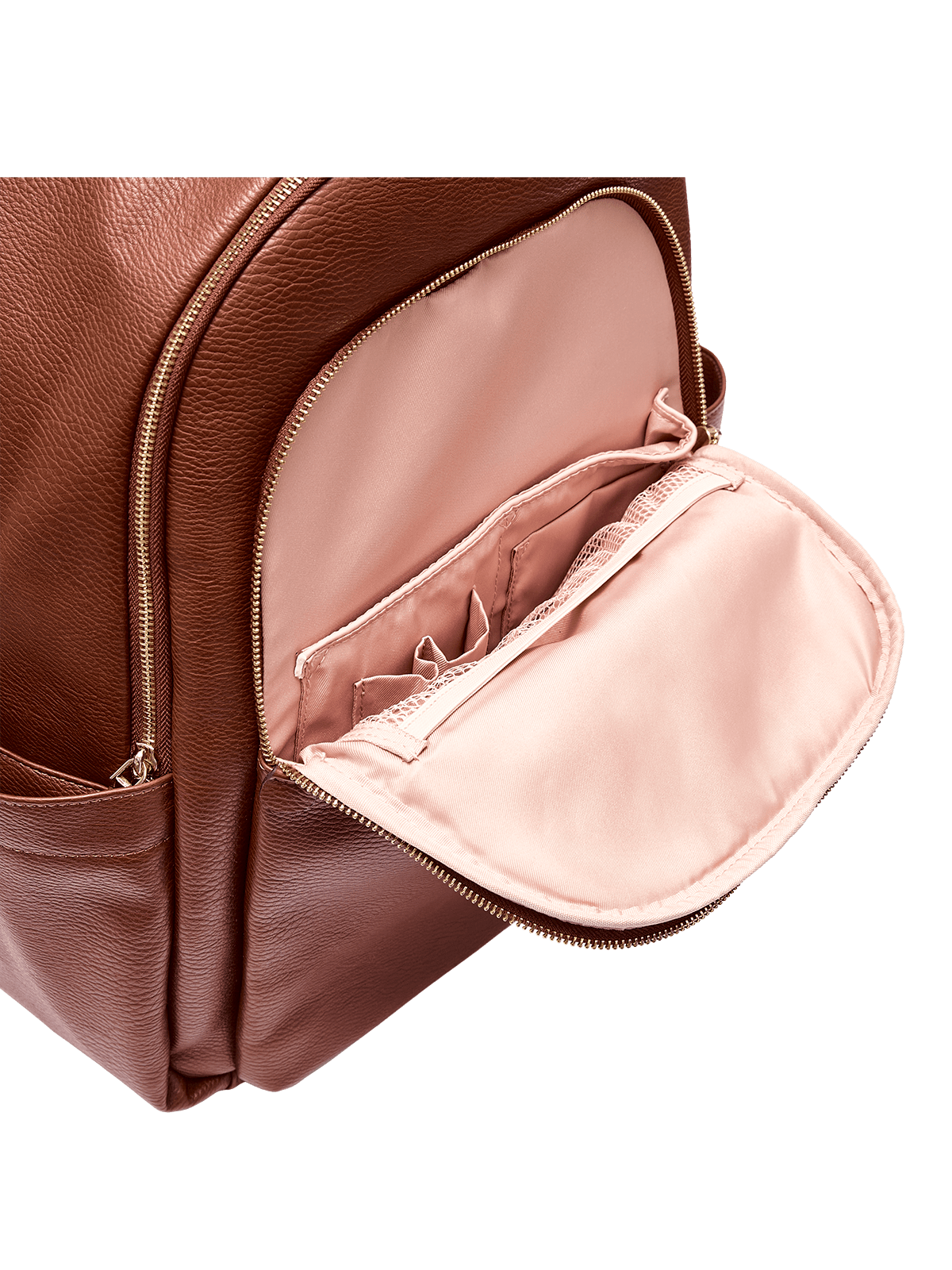 Brown leather backpack with open front pocket showing pink interior.