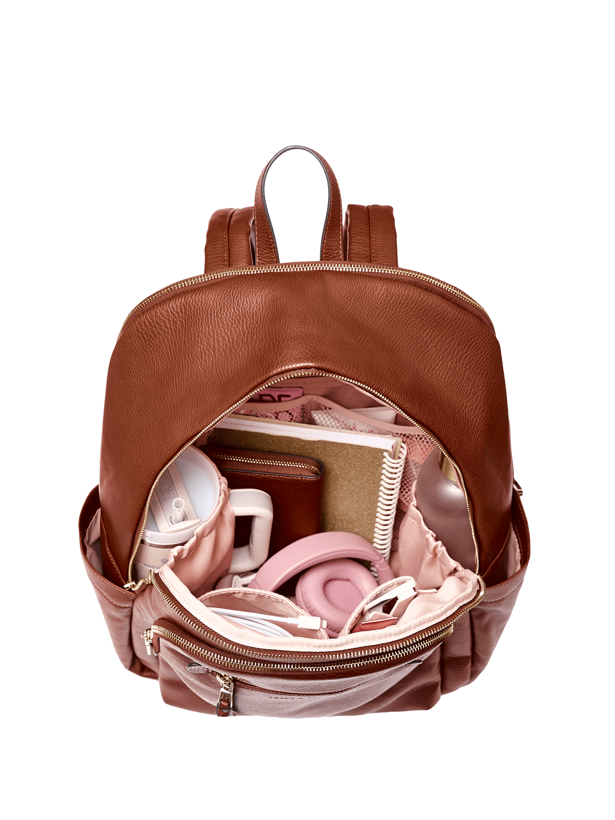 Brown backpack with items including a notebook and a pink object on a transparent background